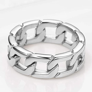 Detailed close-up of a polished silver Cuban link chain ring in durable stainless steel