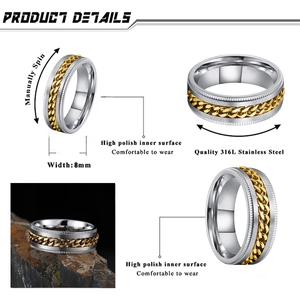 Bague spinner 8mm en acier inoxydable avec chaîne cubaine dorée et fini brossé