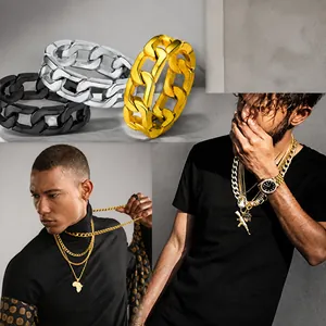 Detailed views of gold, silver, and black hip-hop style chain rings for men with jewelry