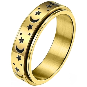 Anillo giratorio de acero de titanio dorado con motivos grabados de luna y estrellas