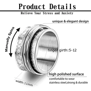 Anillo giratorio de acero inoxidable de 11 mm con grabado floral antiestrés