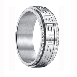 Bague rotative vintage en acier inoxydable avec motif grec et bords texturés