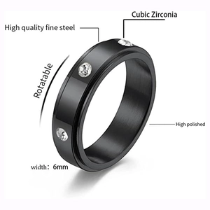 Draaibare 6mm zwarte roestvrijstalen ring met zirkonia-stenen voor unisex comfort