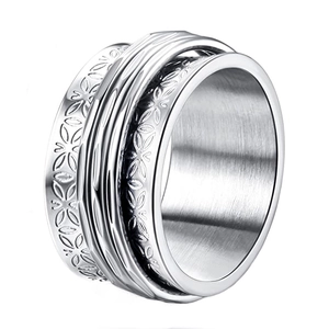 Silver stainless steel butterfly anxiety spinner ring with engraved floral patterns