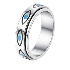 Brushed silver stainless steel spinner ring with blue Evil Eye protective symbols