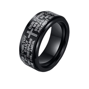 Schwarzer Edelstahl-Spinner-Ring mit graviertem Vaterunser und Kreuzmuster für Herren