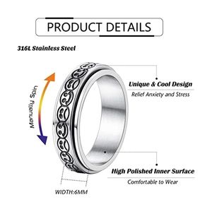 Bague rotative en acier inoxydable 316L argenté avec gravures smileys de 6mm large