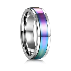 Detail van draaibare roestvrijstalen ring met regenboogverloop en een zilveren afwerking