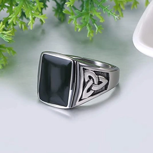 Retro stainless steel men's ring with black stone inlay and Celtic Triquetra engraving