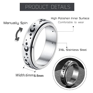 Rotating stainless steel spinner ring with moon star patterns and high polished finish