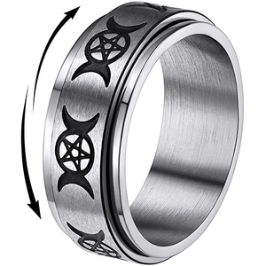 Vintage Roestvrij Staal Drievoudige Maan Pentagram Spinner Ring Voor Heren Dames Mystiek Maan Ster Roterende Angstverlichting Ring