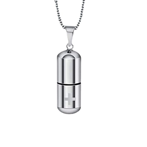 Colgante de cápsula de acero inoxidable con grabado de cruz y cadena de bolas plata