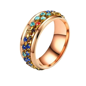 Detailed macro view of double-row colorful zircon stones on a rose gold titanium steel ring