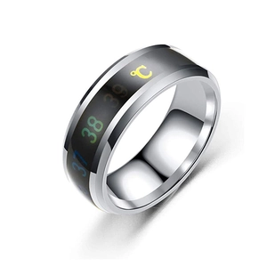 Detalle macro del anillo termocrómico inteligente con dígitos de temperatura en acero