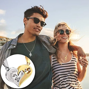 Titanium steel heart-shaped puzzle necklace for couples with small zircon stones and engraving