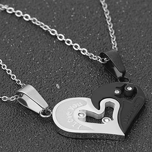 Polished titanium steel heart puzzle couples necklace with I Love You engraving and rhinestones