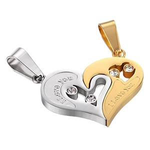 Interlocking heart necklace in gold and silver steel with I Love You engraving