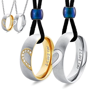 Couple Matching Heart Ring Necklace Titanium Steel I Love You Pattern Zirconia Pendant Necklaces Romantic Jewelry Gift