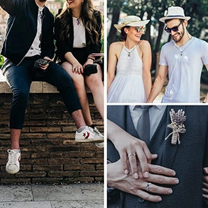 Three-panel view of couples heart necklace and rings worn in various romantic daily settings