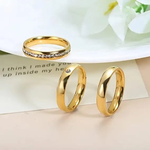 Three-piece set of gold minimalist titanium steel rings with cubic zirconia accents