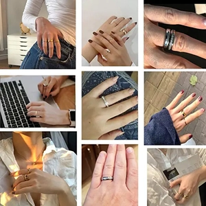 Collage showing various stainless steel rings in minimalist and diamond-paved styles