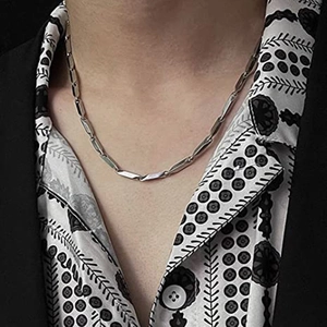 Polished stainless steel link necklace shown on a model neck for modern styling