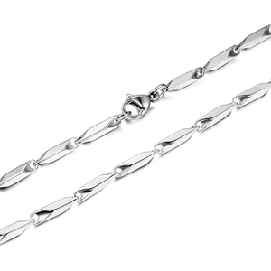 Close-up of stainless steel necklace with leaf-shaped links and lobster clasp detail