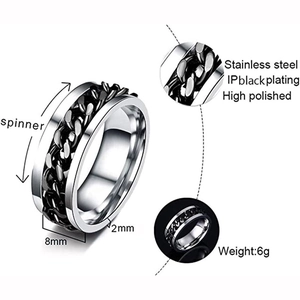 8mm stainless steel spinner ring with a rotating black chain and polished finish