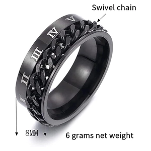 Matte black titanium steel spinner ring with 8mm rotating chain and Roman numerals