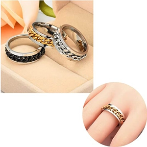 Detail view of rotating stainless steel chain rings in black, gold, and silver finishes