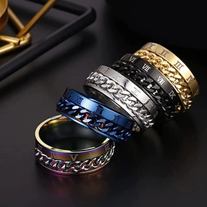 Detail showing five colors of rotating titanium steel rings with roman numerals and chains
