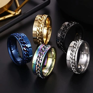 Close-up of five spinning titanium steel rings with roman numerals and chain details