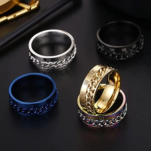 Titanium steel spinner ring with rotatable Roman numeral chain in multiple colors