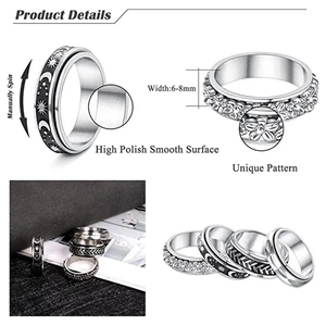 Set aus drehbaren Edelstahlringen mit Mond Stern Blumenmuster und glattem Finish