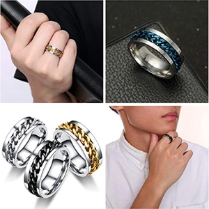 Men's stainless steel rotatable chain ring with gold, blue, and black Cuban link options