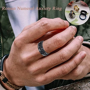 Black stainless steel spinner ring for men with rotatable Roman numeral chain link