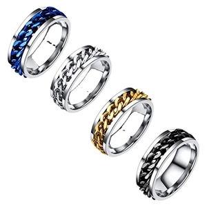 Set of four rotating stainless steel chain rings in blue, silver, gold, and black colors