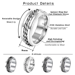 Rotatable 316L stainless steel spinner ring with 8mm chain texture for stress relief