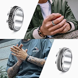 Men's rotatable chain ring with matte finish and black industrial texture in stainless steel