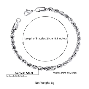 Classic 21cm stainless steel rope chain bracelet with 3mm width and secure lobster clasp