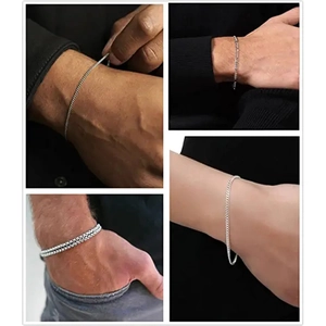 Detailed views of men's silver stainless steel Cuban and square box chain bracelets