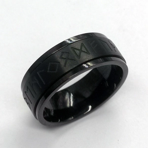 Black Viking rune spinner ring for men with brushed stainless steel finish