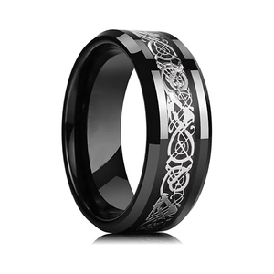 Gepolijste zwarte titanium stalen ring met zilveren Keltisch drakenpatroon voor heren