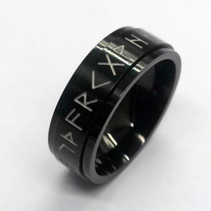 Black titanium steel viking rune spinner ring for men with matte finish details