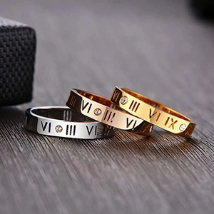 Ringset aus Titanstahl mit römischen Ziffern und Zirkonia in Silber, Gold und Roségold