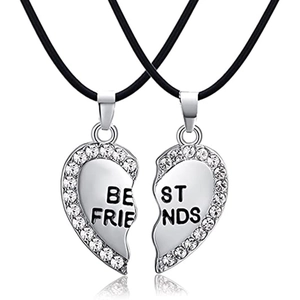 Close-up of split heart Best Friends pendant with rhinestones and black cords