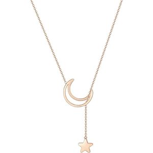 Detalle del collar lariat de oro rosa con cierre de luna hueca y colgante de estrella