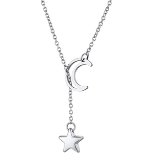Collar minimalista de acero inoxidable plateado con colgante de luna y estrella