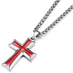 Edelstahl Herren Halskette mit rotem Emaille-Kreuzanhänger und Weizenkette Design