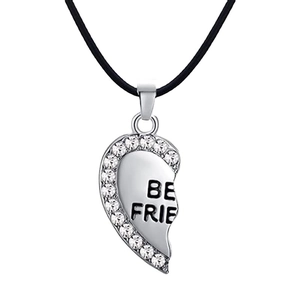 Silver-plated heart-shaped pendant necklace with rhinestones and Best Friends engraving